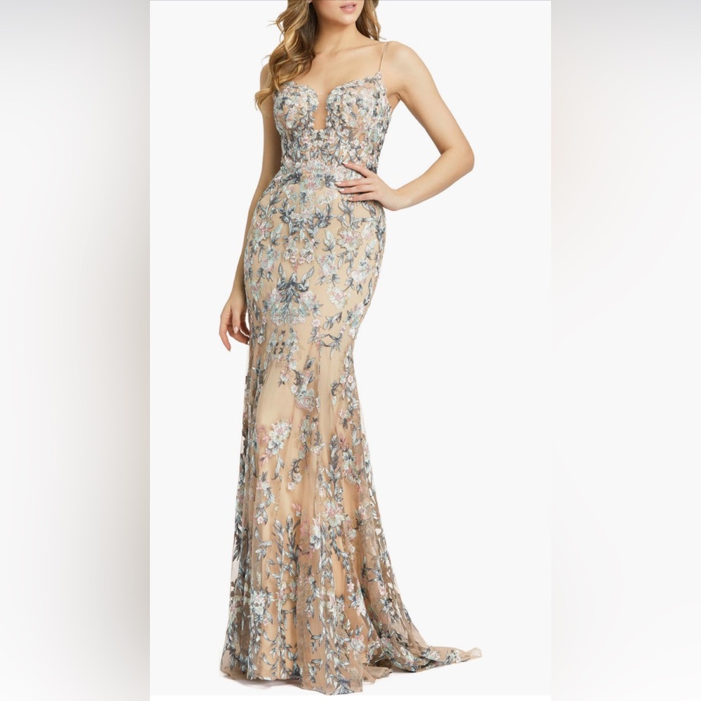 Mac Duggal Floral Embroidered Chiffon Trumpet Evening Gown